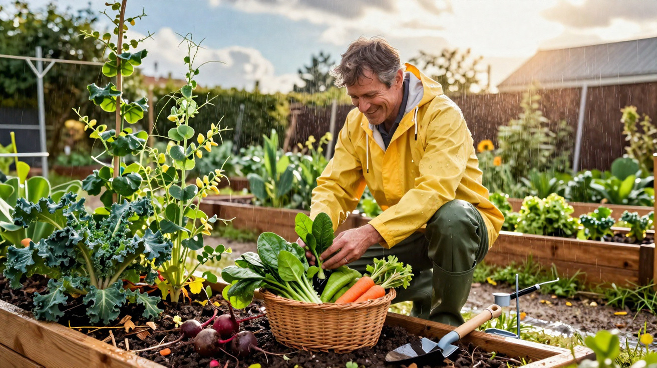 Homme souriant en imperméable jaune récoltant des légumes frais dans un jardin potager sous la pluie.