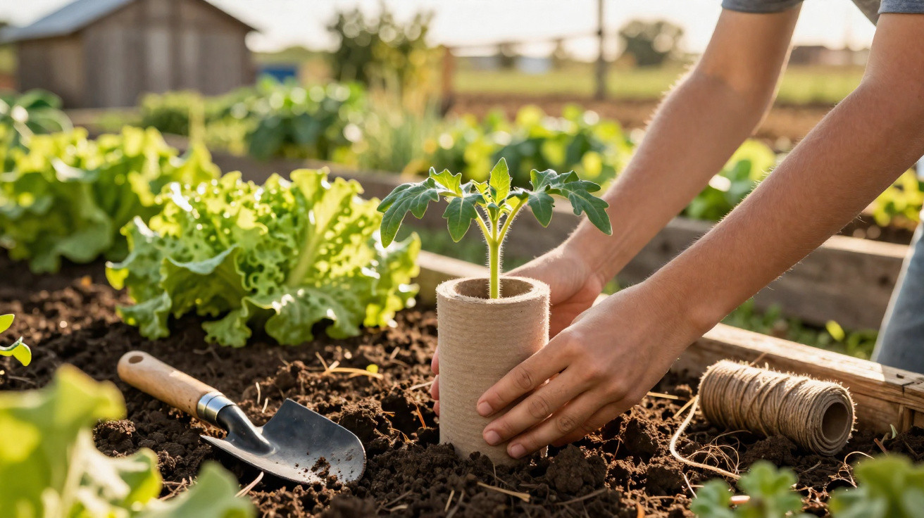 Personne plantant un jeune plant dans un pot biodégradable dans un jardin potager au soleil.