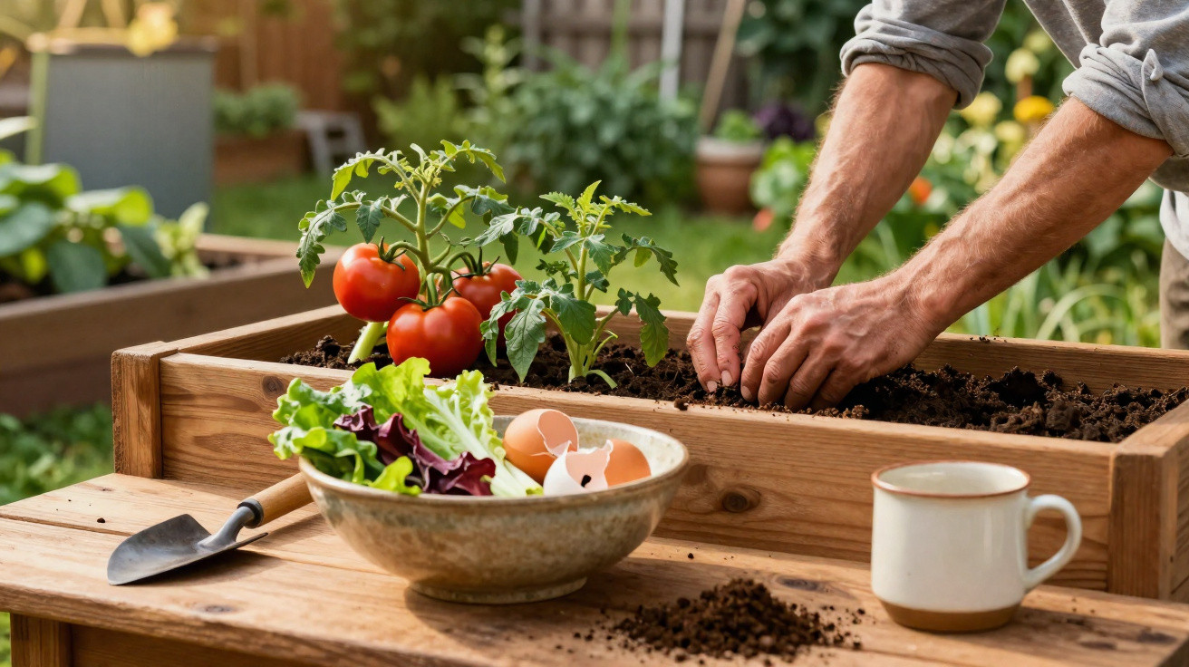 Mains plantant des graines dans un carré potager avec tomates, salade, œufs et tasse posés sur une table en bois.