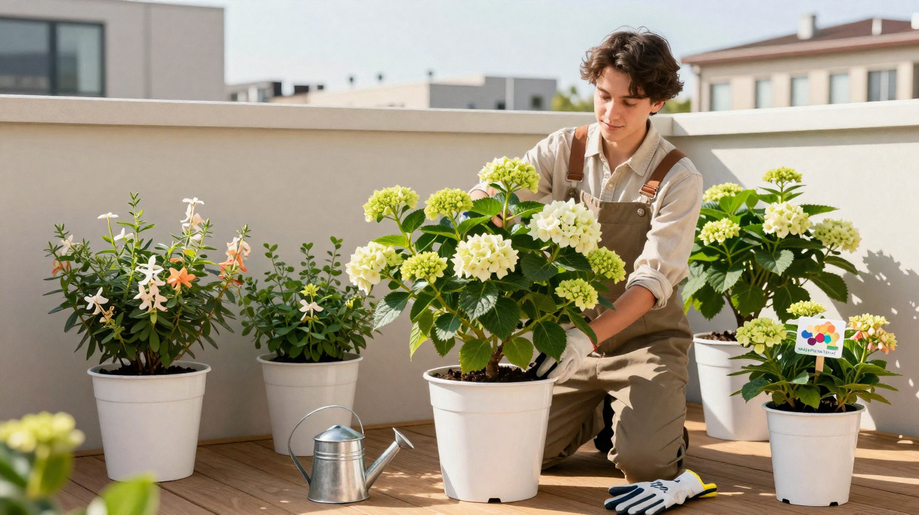 Personne en tenue de jardinage arrange des plantes en pot sur une terrasse ensoleillée.