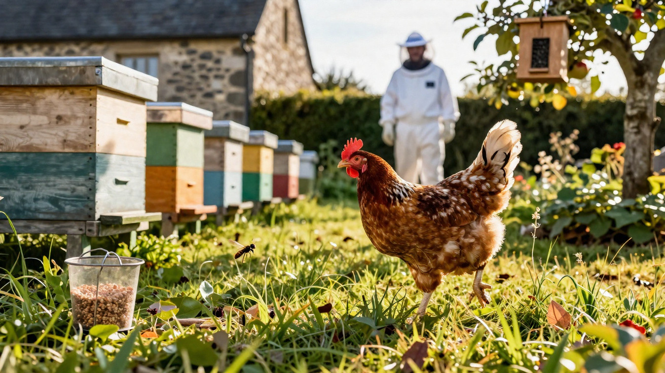Poulette brune dans un jardin près de ruches colorées, avec un apiculteur en tenue blanche en arrière-plan.