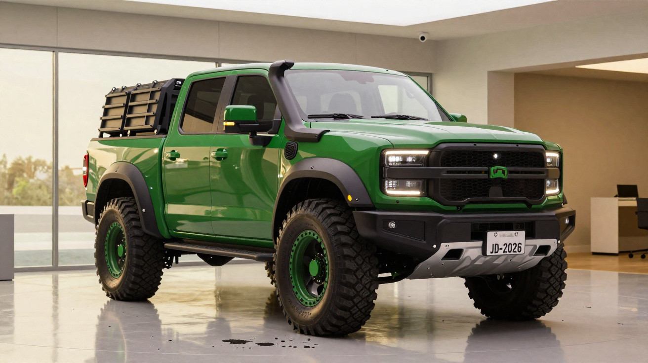 Camionnette pickup verte tout-terrain avec pneus larges dans un garage moderne avec grande vitre.