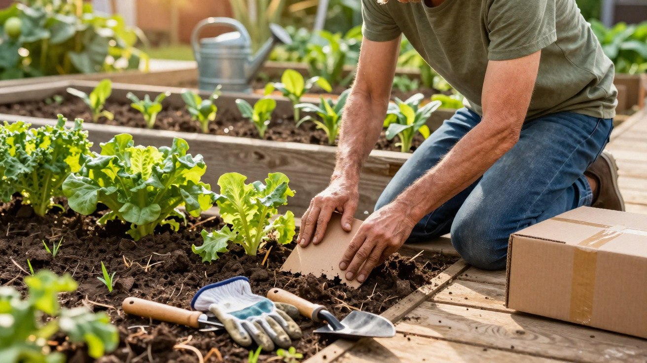 Un homme plante une jeune plante dans un potager surélevé, des outils de jardinage à côté.