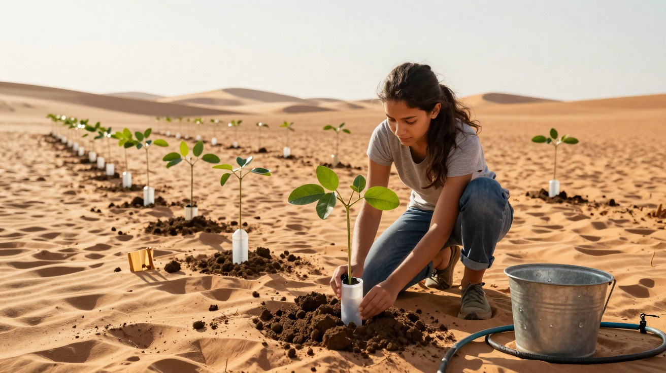 Jeune femme plantant un arbre dans un désert, avec rangées de jeunes plants et un seau métallique à côté.