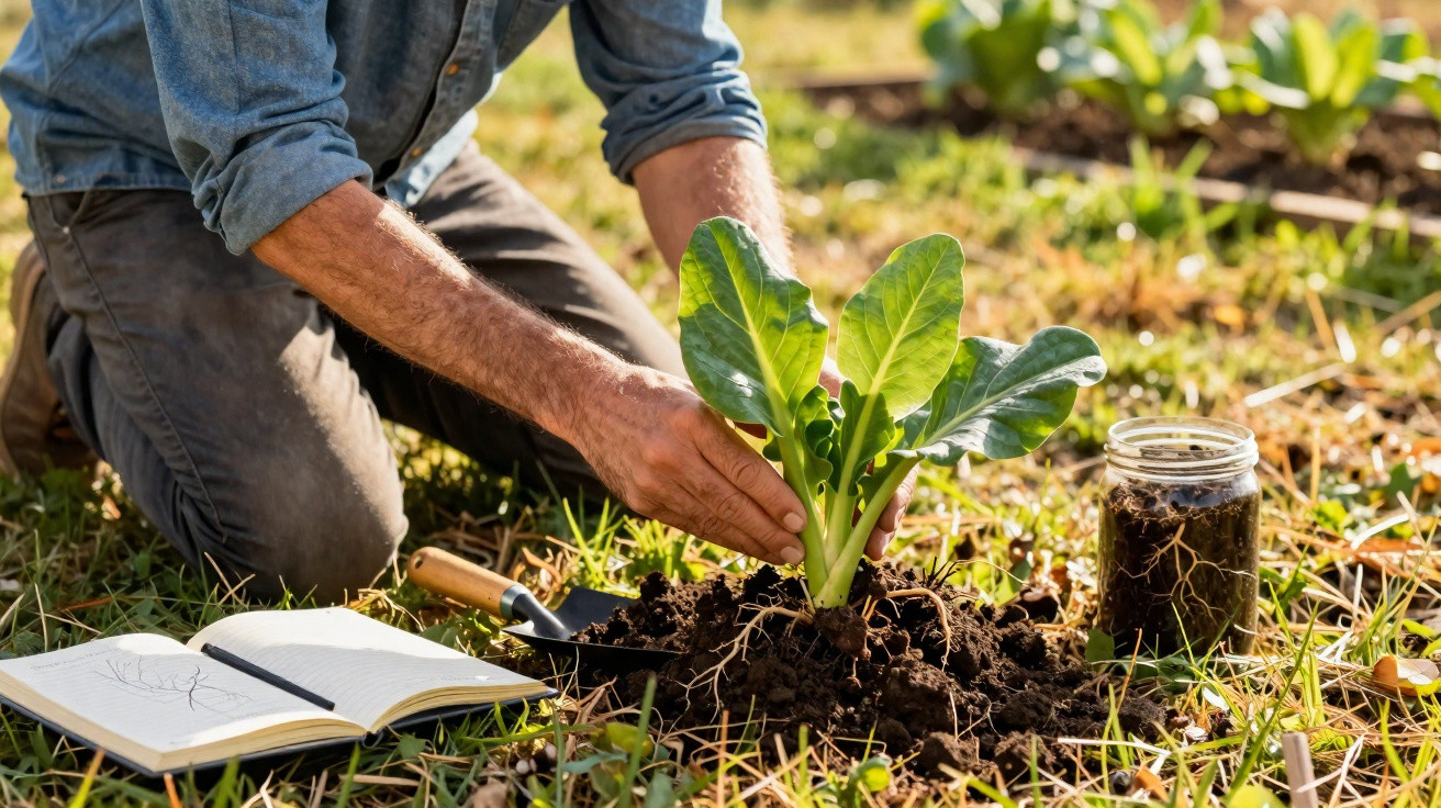 Personne plantant une jeune laitue dans un jardin avec un carnet, une truelle et un bocal de terre.