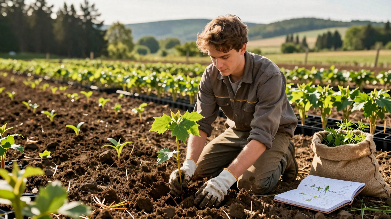 Un homme plante un jeune arbre dans un champ, avec un carnet et un sac de plants à côté de lui.