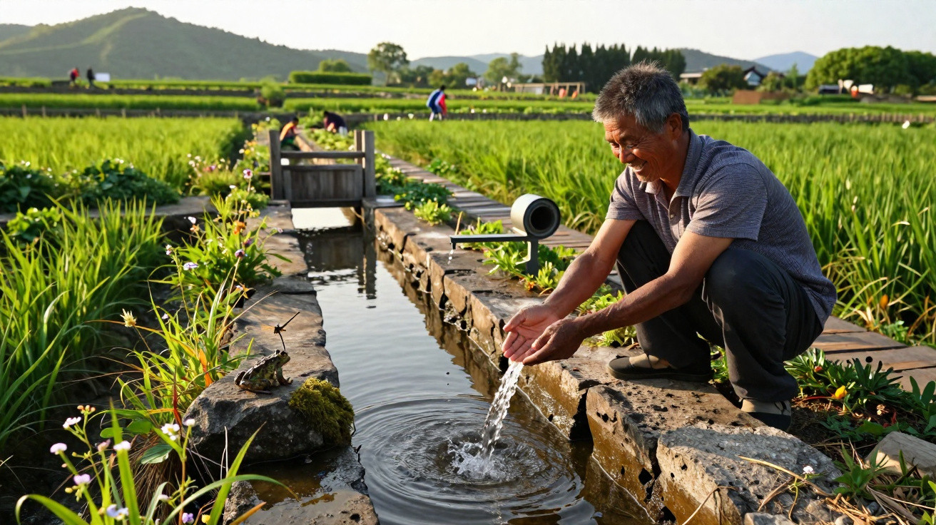 Homme âgé souriant puisant de l'eau dans un canal de rizière verdoyante en milieu rural ensoleillé.