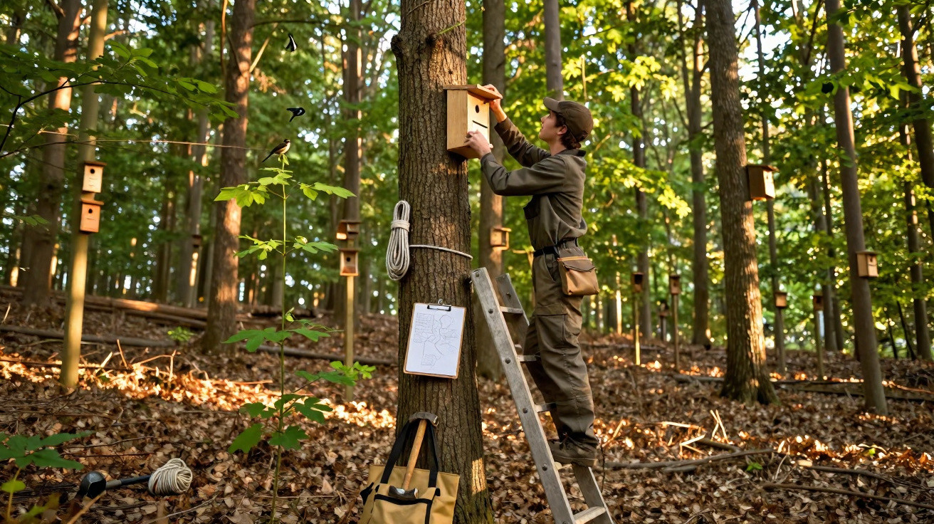 Forestier monte une échelle pour installer un nichoir à oiseaux dans une forêt dense en automne.