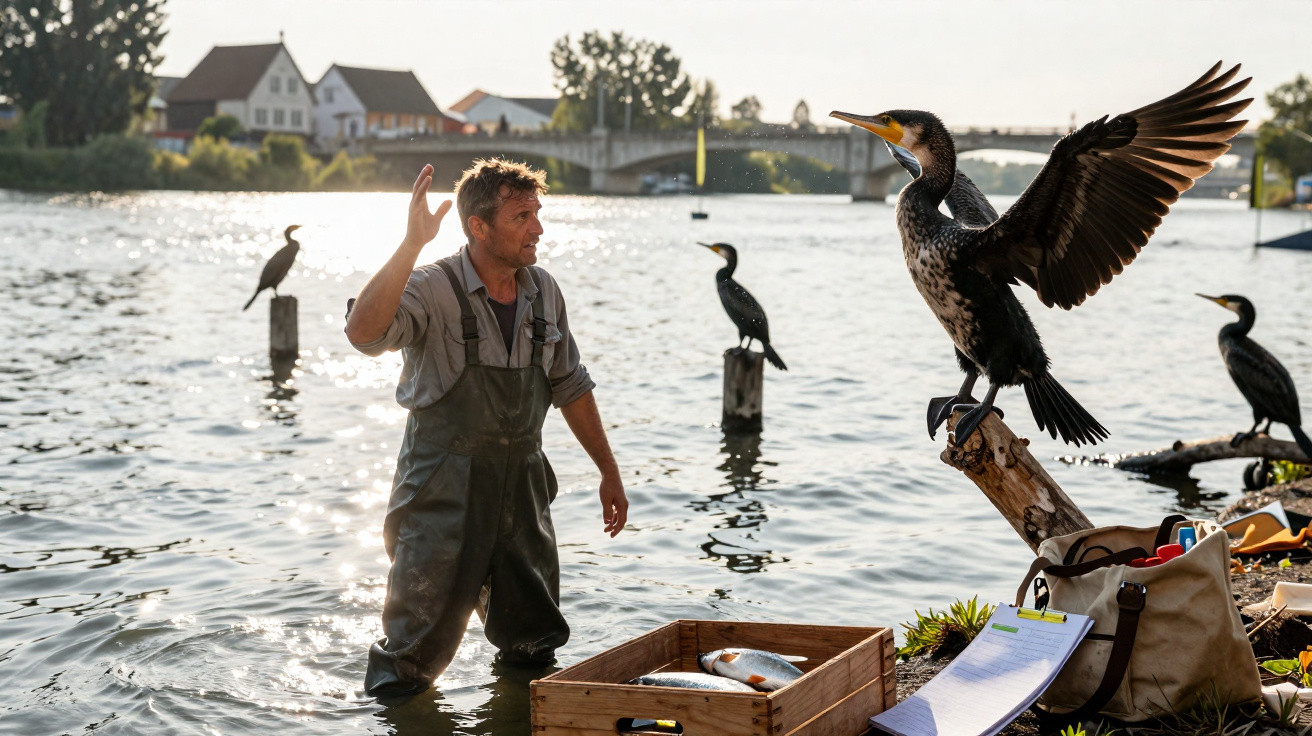 Homme en waders dans l'eau parle à un cormoran déployant ses ailes près d'une caisse de poissons au bord du lac.