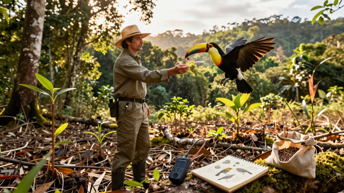 Un homme en tenue de terrain nourrit un toucan en plein vol dans une forêt tropicale au lever du soleil.