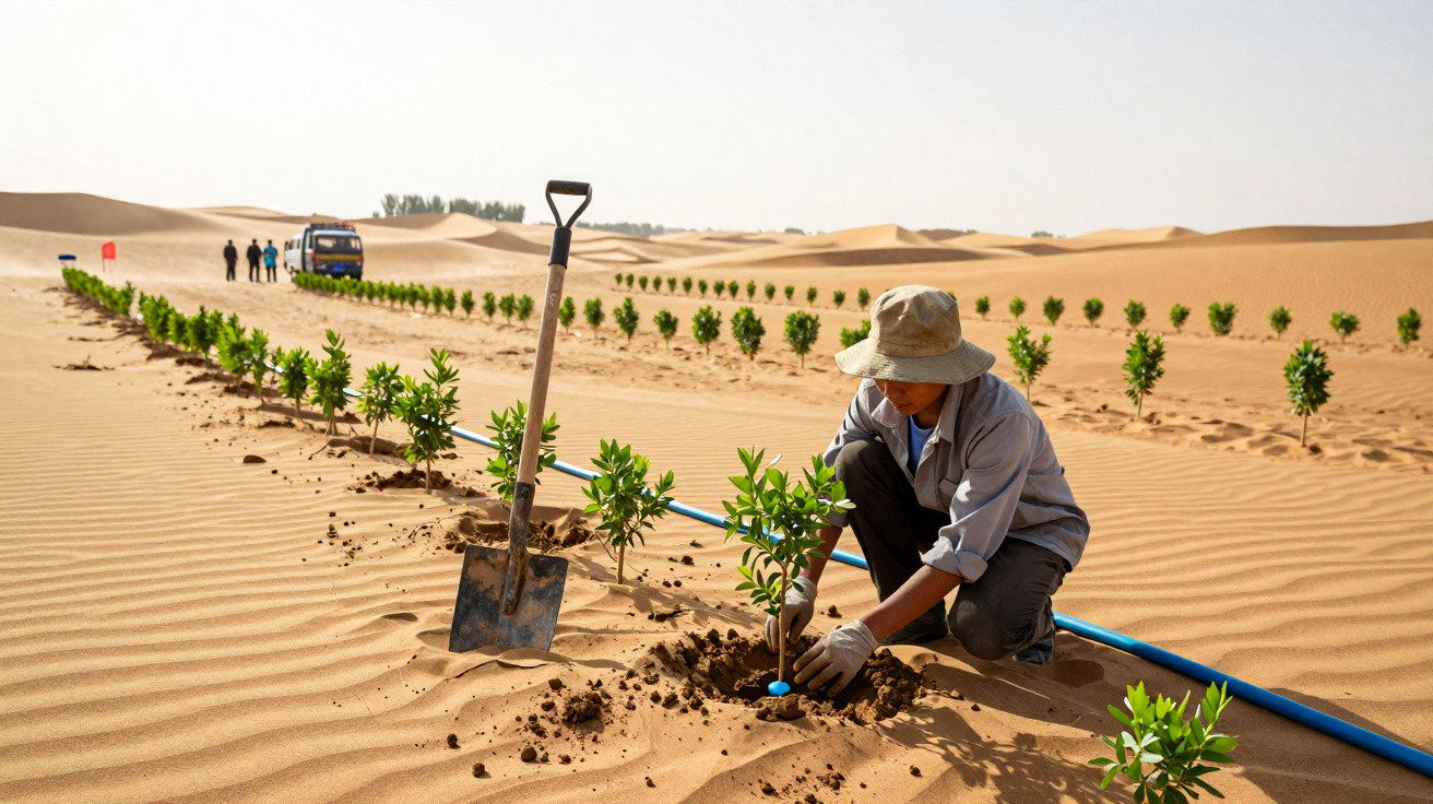Personne plantant un arbuste dans le désert avec ligne d'arbustes, pelle et tuyau d'irrigation bleu.