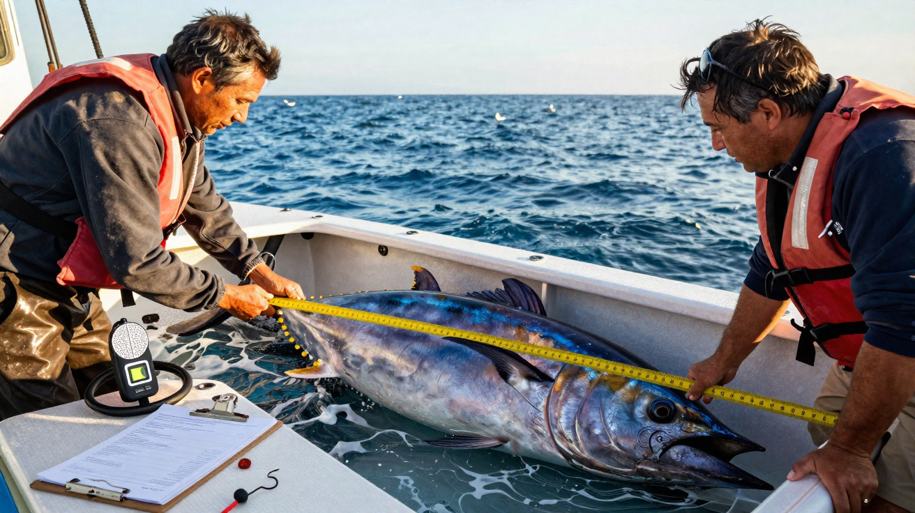Deux pêcheurs mesurent un gros thon à bord d’un bateau en mer avec un mètre ruban.