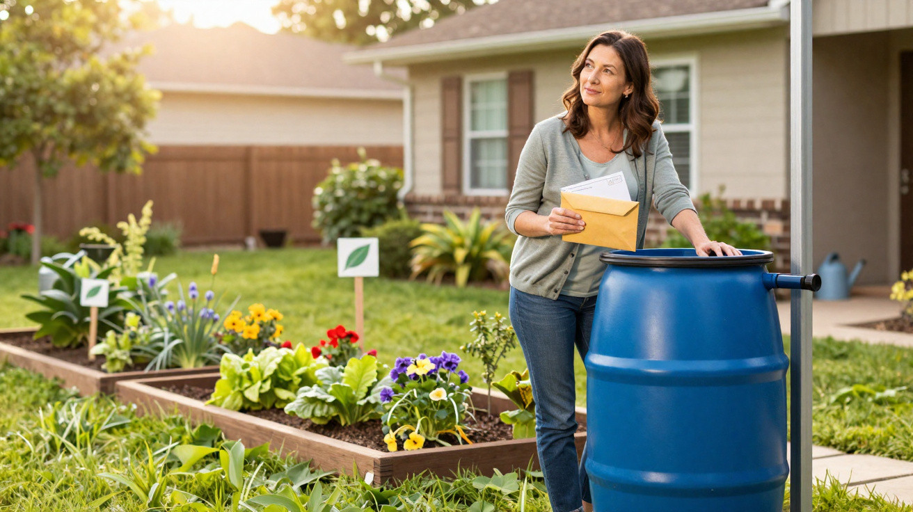 Femme déposant du courrier dans un composteur bleu dans un jardin avec des plates-bandes fleuries.