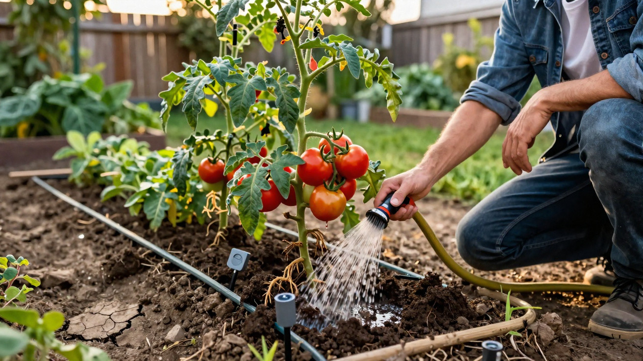 Personne arrosant des plants de tomates rouges dans un potager en plein air.