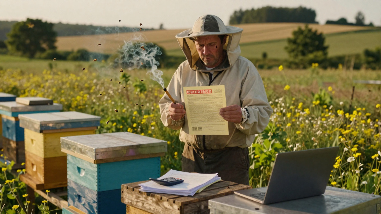 Apiculteur en tenue de protection fumant près de ruches avec documents et ordinateur sur une table en plein champ.