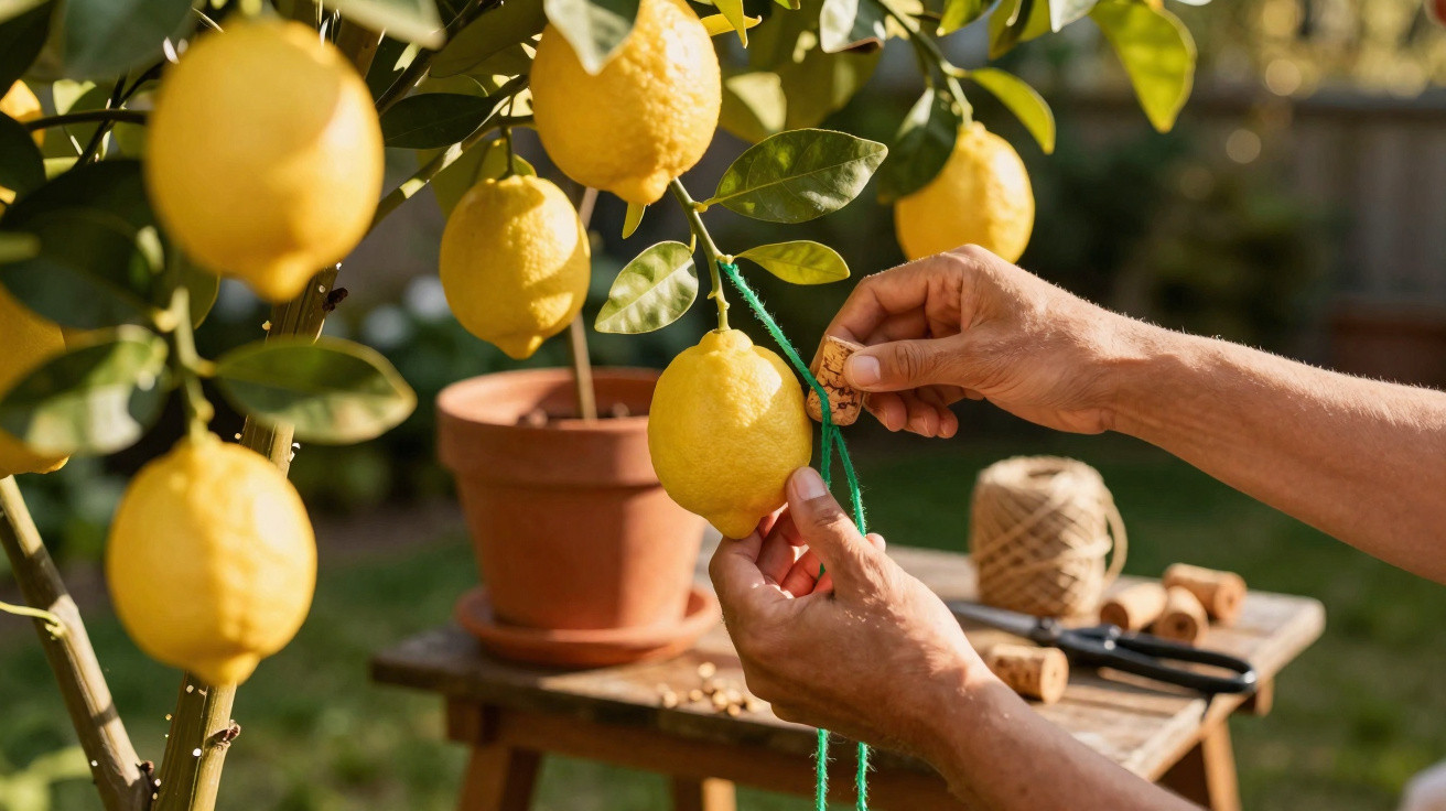 Mains attachant un citron avec un bouchon en liège à une ficelle verte sur un citronnier en pot au jardin.