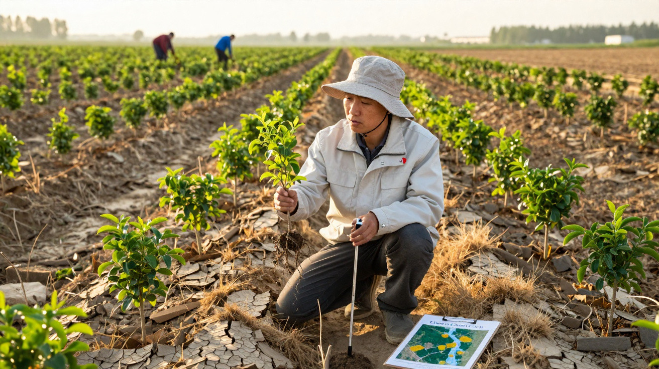 Agriculteur examinant une plante dans un champ sec avec une carte posée au sol à côté.