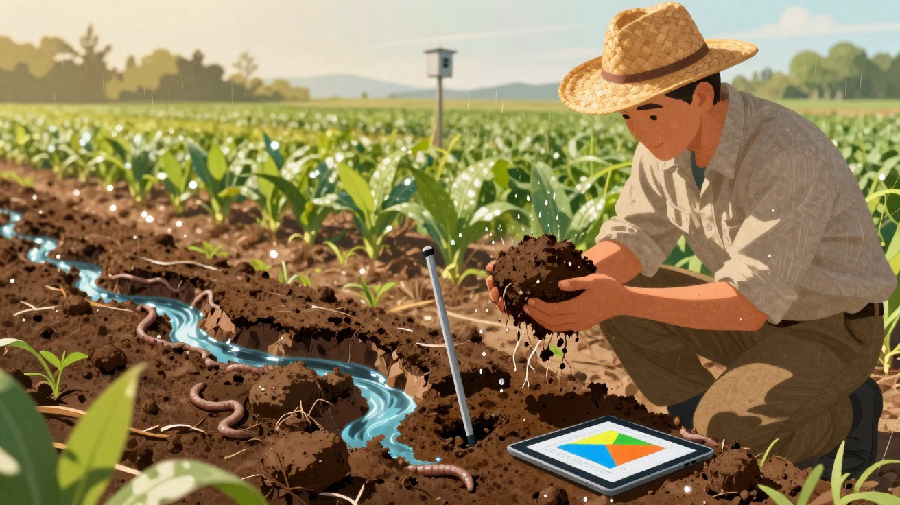 Agriculteur avec chapeau analysant la terre humide dans un champ avec tablette numérique et vers de terre.