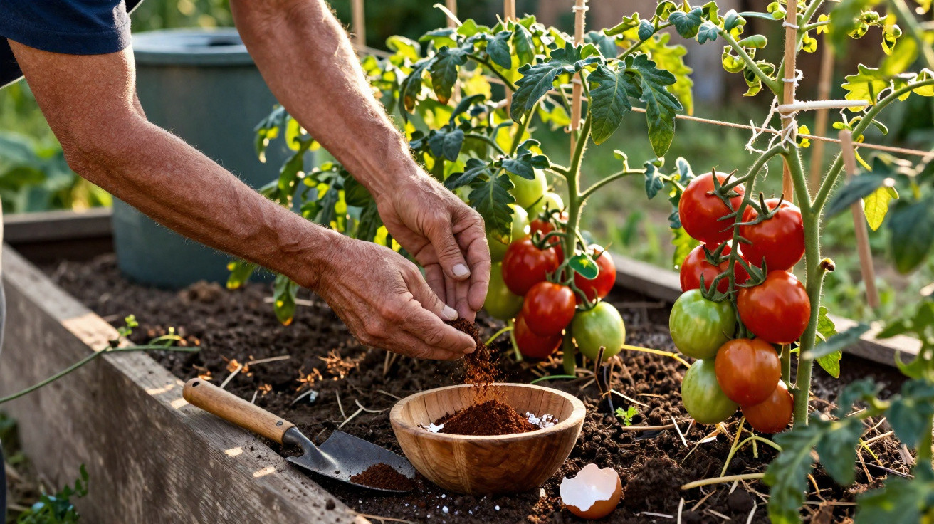 Mains versant du compost au pied de plants de tomates rouges et vertes dans un jardin surélevé en bois.