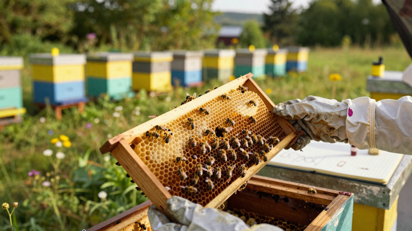 Apiculteur tenant un cadre de ruche avec des abeilles dans un champ avec des ruches multicolores en arrière-plan.