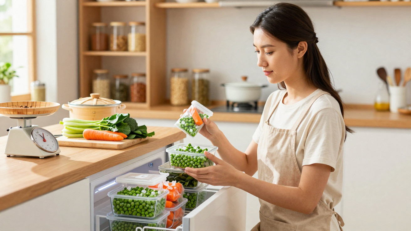 Femme rangeant des légumes frais dans des boîtes transparentes dans un tiroir de cuisine moderne.