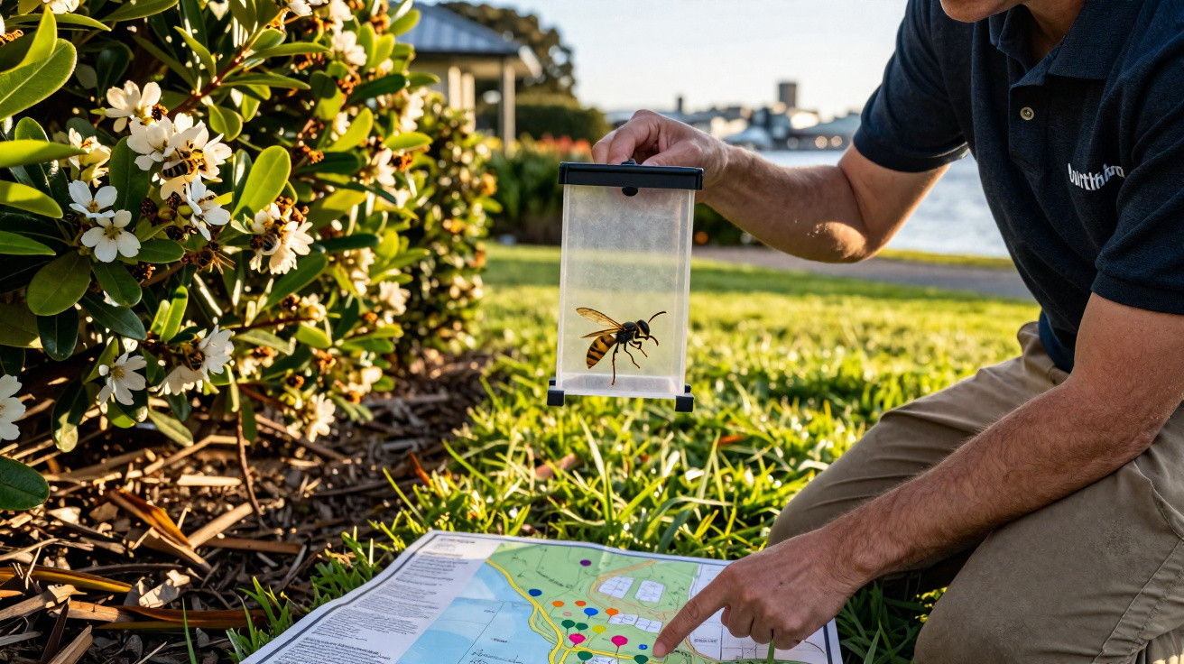 Personne tenant un piège transparent avec une grosse abeille, carte de terrain et arbustes fleuris en arrière-plan.