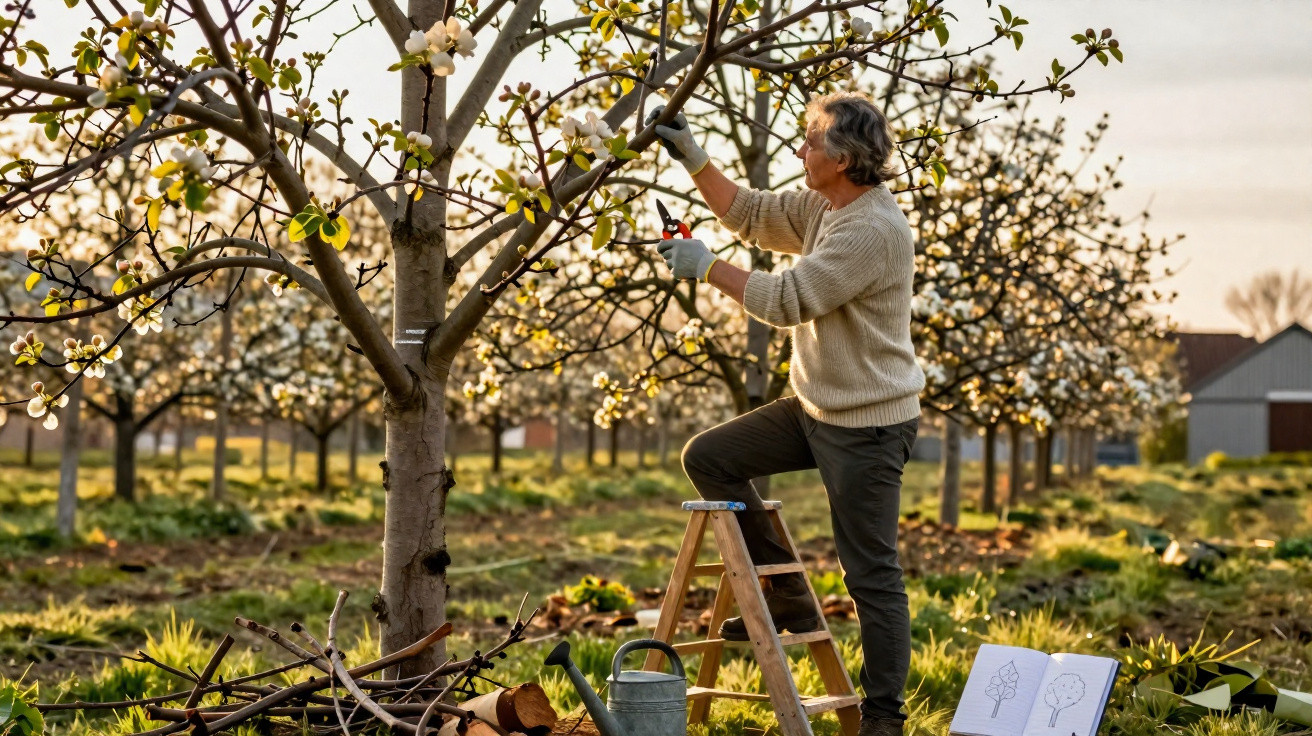 Homme taillant des branches d’un arbre en fleurs dans un verger au coucher du soleil.