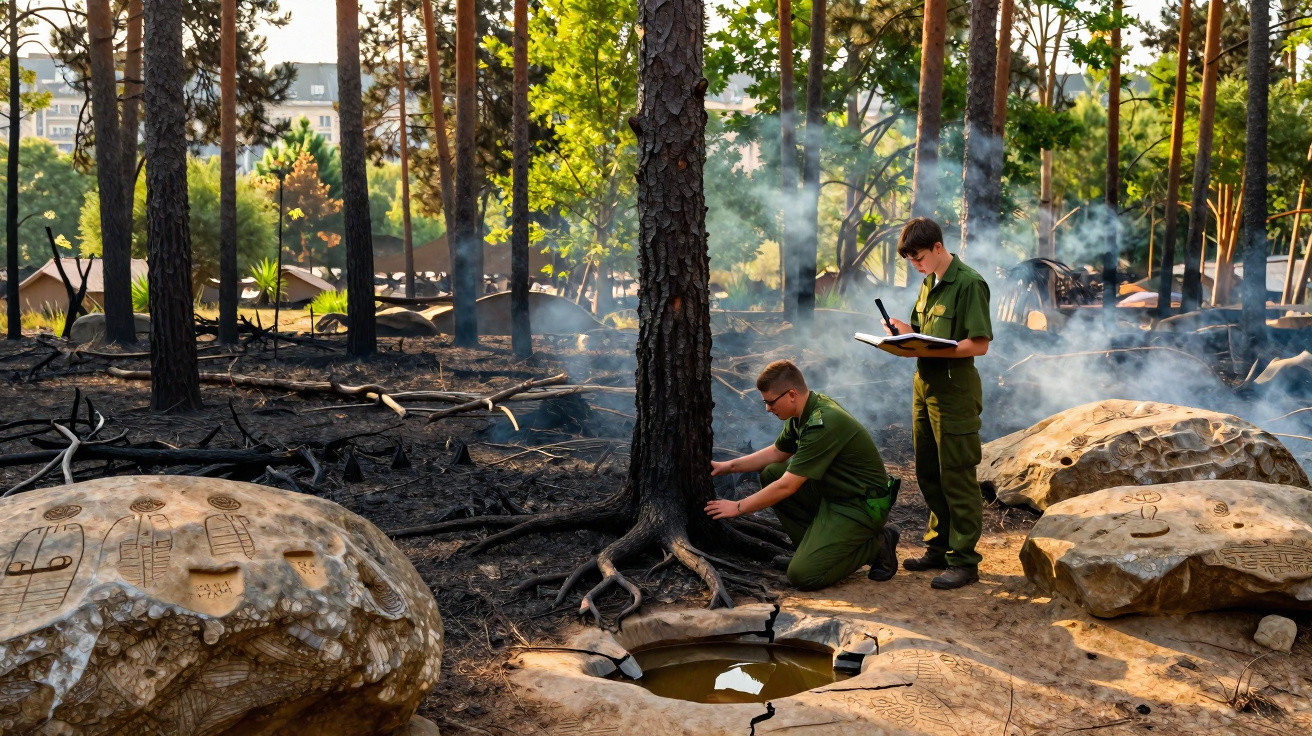 Deux hommes en tenue verte évaluent les dégâts d'un feu de forêt près de pierres gravées fumantes.