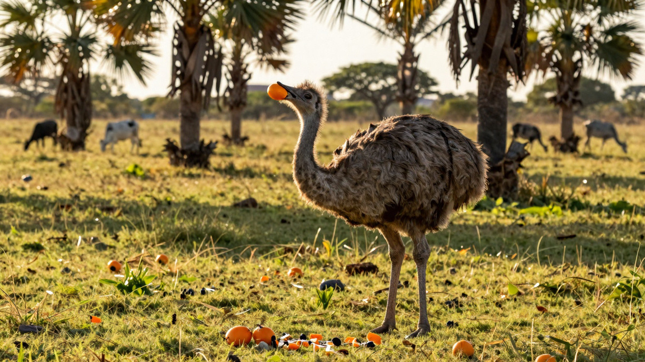 Autruche au plumage gris mangeant une petite orange dans un champ au soleil couchant.