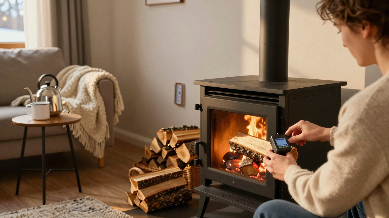 Personne allumant un feu dans un poêle à bois dans un salon cosy avec tasse et plaid.