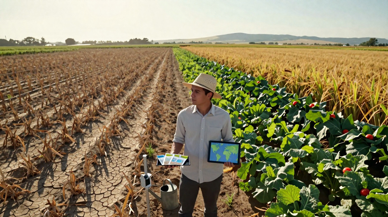Agriculteur dans un champ avec sol sec, tenant une tablette et des documents, analysant des cultures diverses sous le soleil.