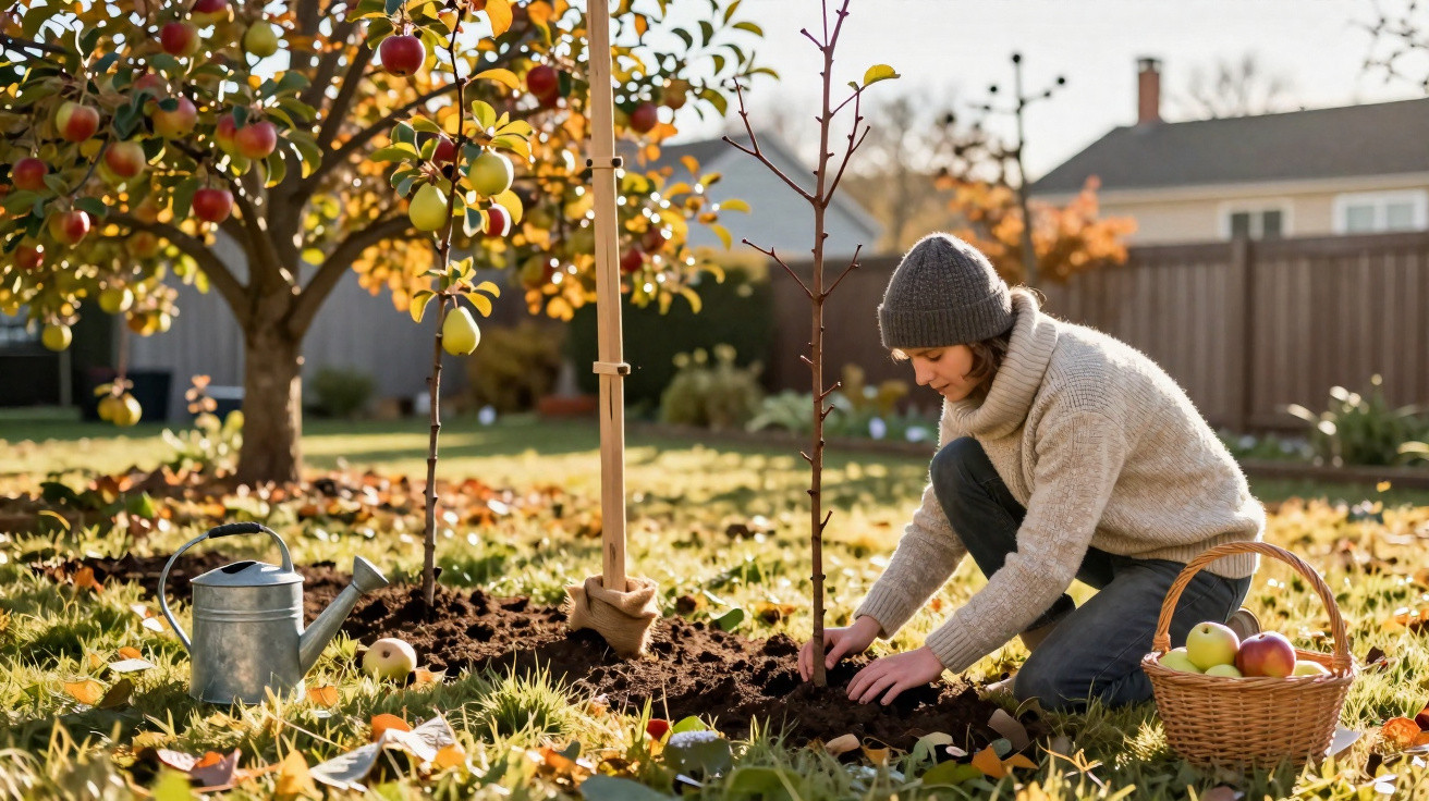 Femme plantant un jeune arbre fruitier dans un jardin en automne, panier de pommes à côté.
