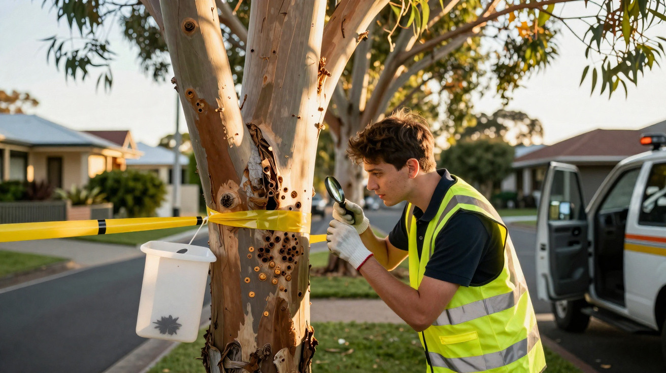 Un homme en gilet réfléchissant examine un arbre avec une loupe près d’un ruban de délimitation jaune.