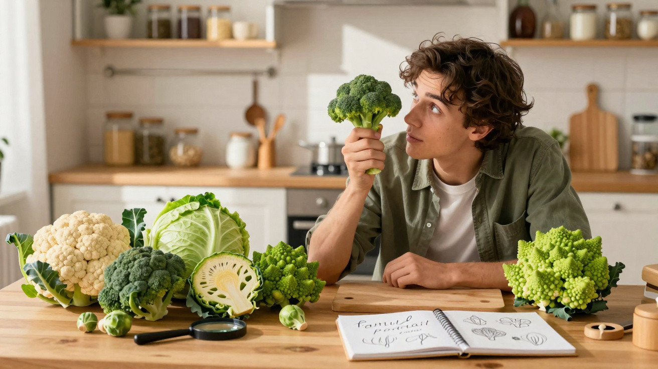 Jeune homme examine un brocoli à table avec divers choux et un carnet de croquis dans une cuisine lumineuse.