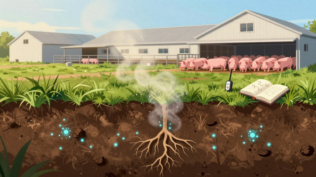 Exploitation porcine avec système de surveillance des racines des plantes illustrant l'interaction entre sol et agriculture.