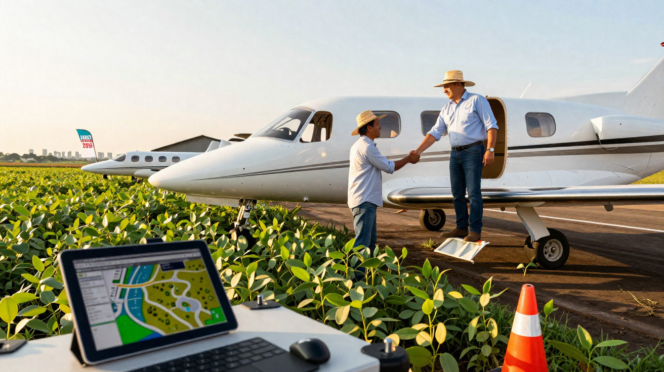 Deux agriculteurs se serrant la main devant un avion privé au bord d'un champ de culture.