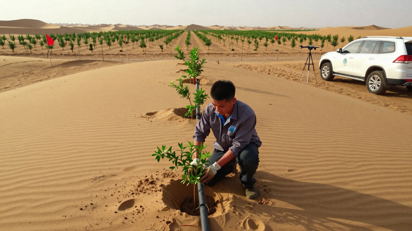 Homme plantant un jeune arbre dans le désert avec une grande plantation d’arbres en arrière-plan.