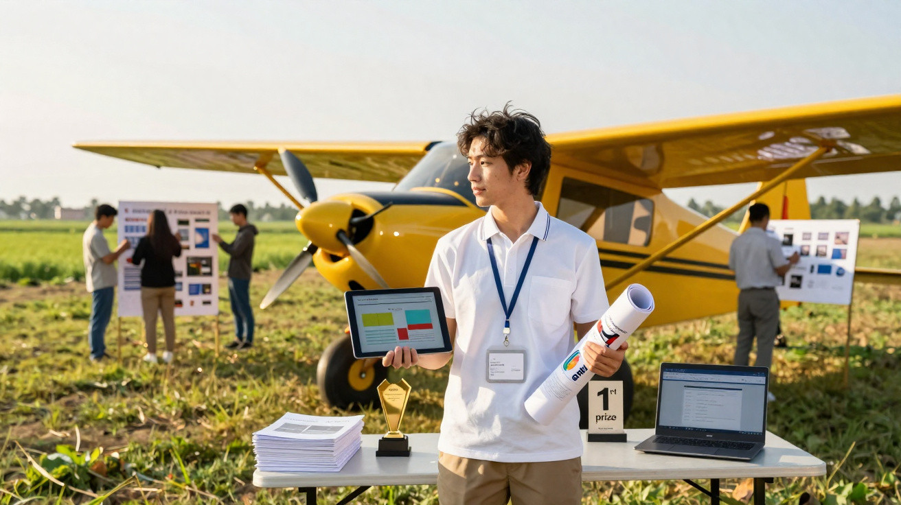 Un homme présente un projet devant un avion jaune avec des écrans, documents et un trophée en extérieur.