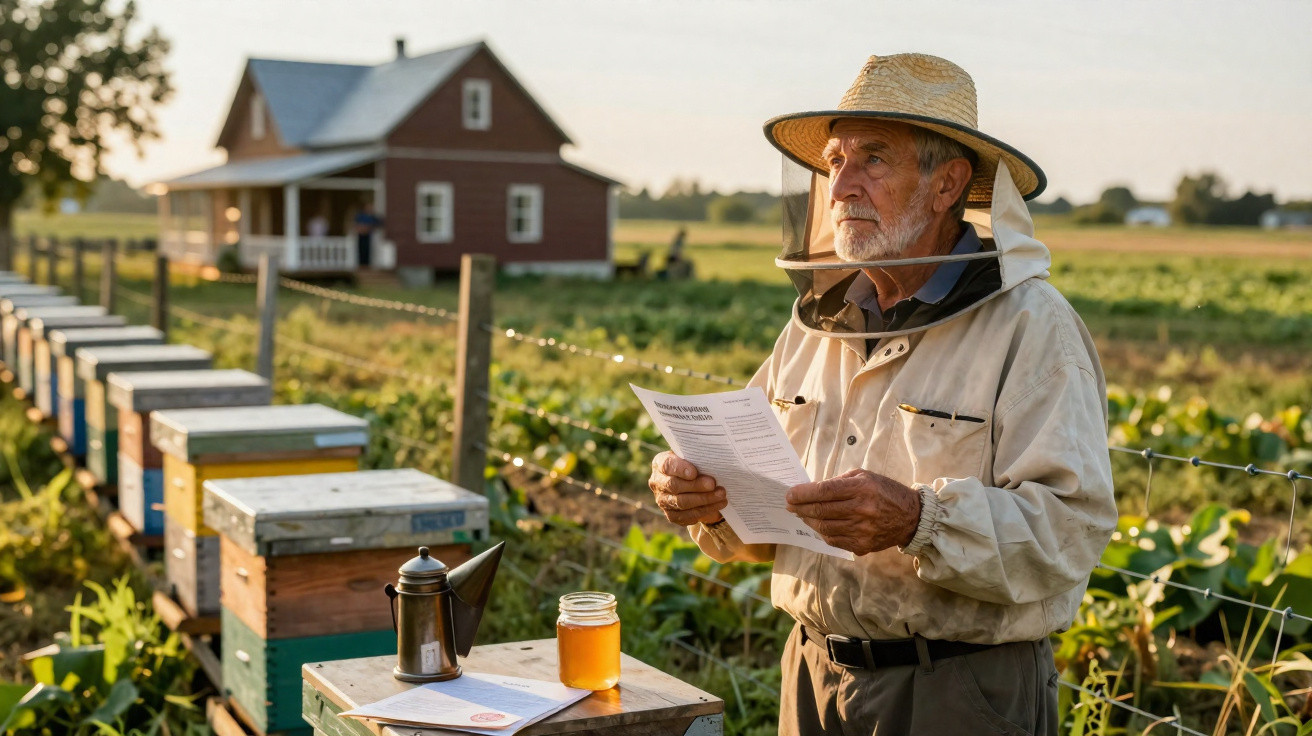 Apiculteur âgé en tenue avec chapeau, tenant un document près de ruches et d'un pot de miel à la campagne.