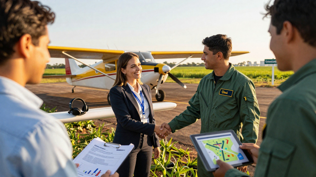 Deux hommes en uniforme et une femme se serrent la main près d’un avion léger stationné sur un aérodrome.