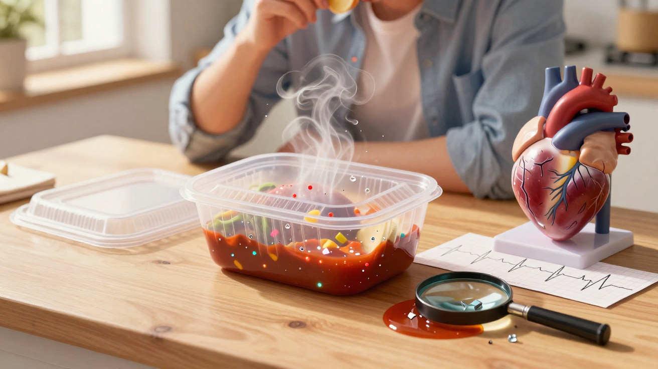 Repas chaud fumant dans une boîte plastique avec un cœur anatomique et une loupe sur une table en bois.