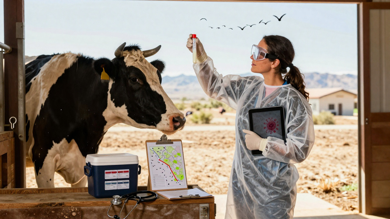 Vétérinaire en tenue de protection examinant un échantillon devant une vache dans une ferme.