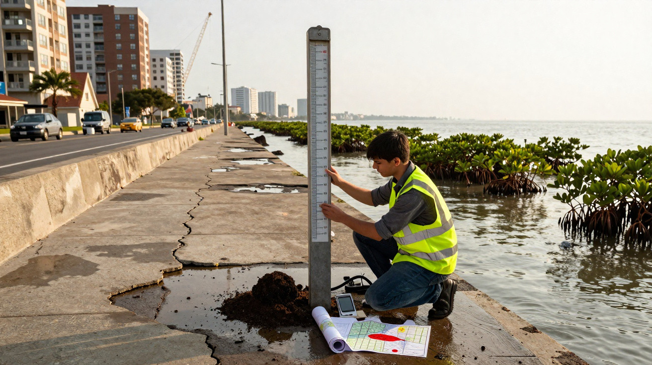 Homme en gilet réfléchissant mesurant niveau d'eau sur un trottoir fissuré au bord de mer urbain.