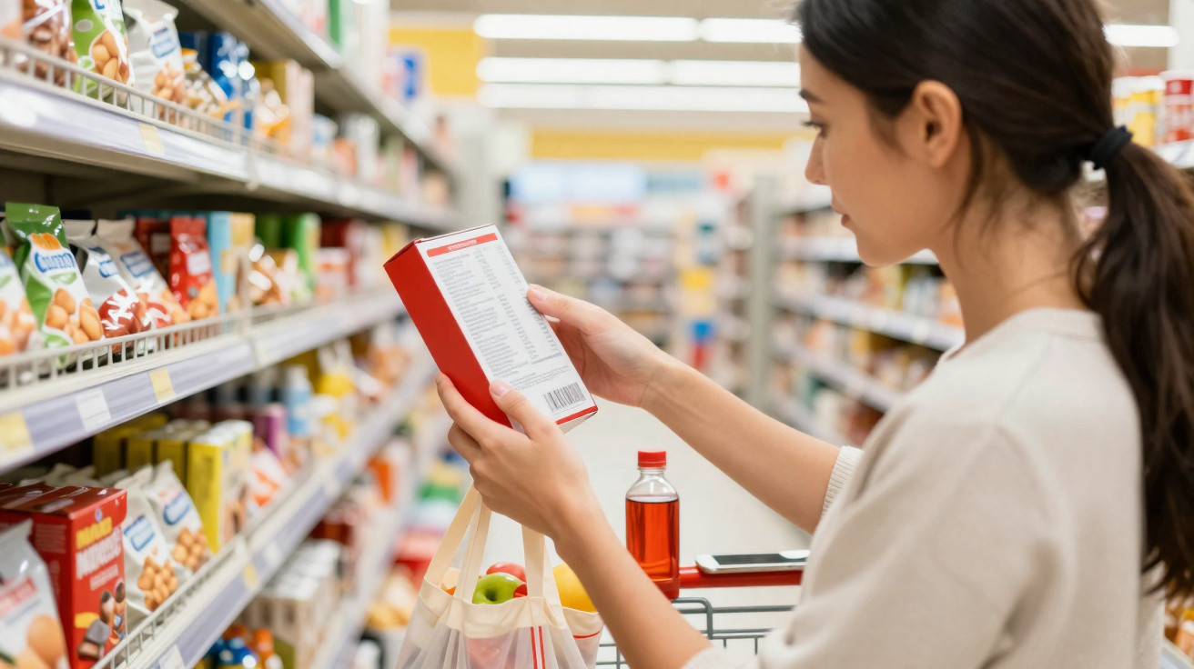 Femme en train de lire les informations nutritionnelles sur une boîte dans un supermarché.