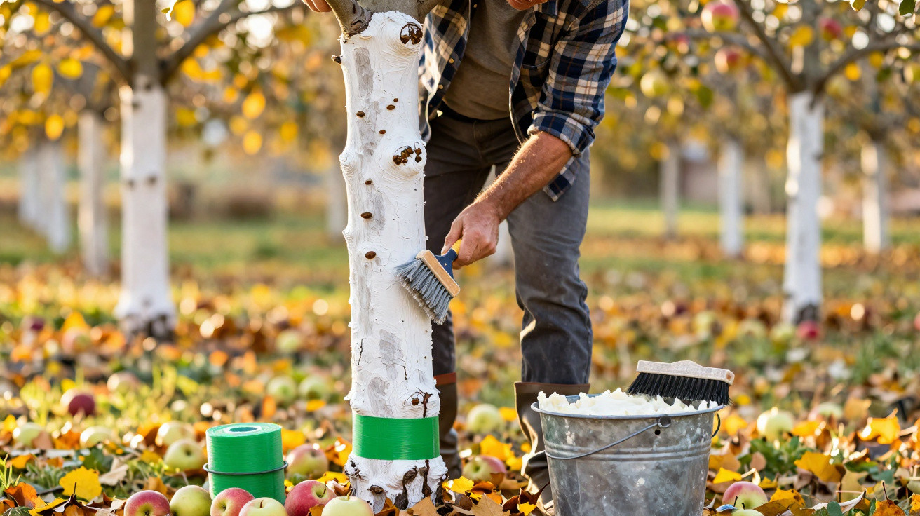 Homme appliquant une peinture blanche sur un tronc d'arbre dans un verger en automne.