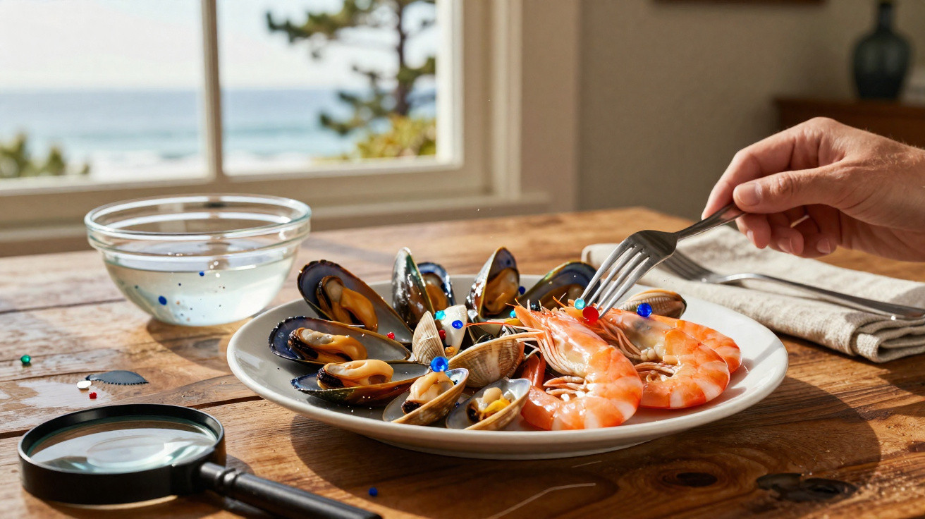 Assiette de fruits de mer avec crevettes, moules et palourdes sur une table en bois près d’une fenêtre.