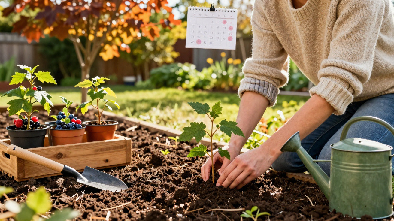 Personne plantant une jeune plante dans un potager, outils et arrosoir à côté, en automne.