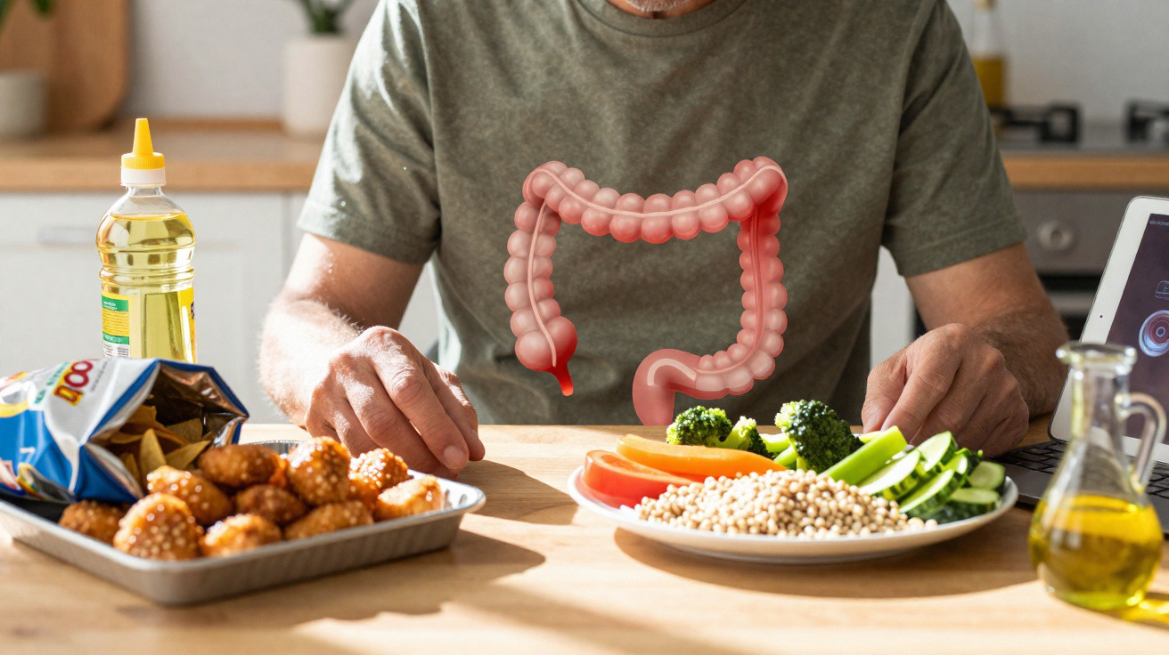 Homme à table avec aliments sains et gras, illustration du côlon en surimpression, concept santé digestive.