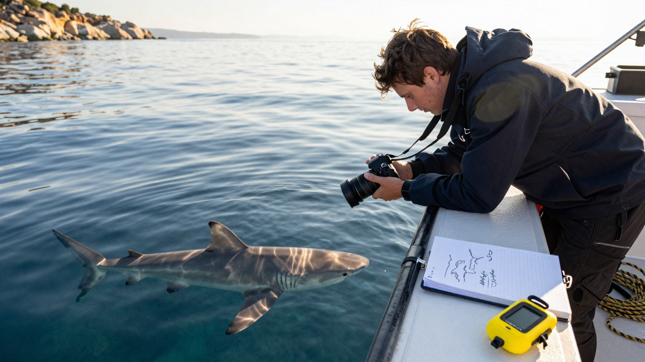 Homme sur un bateau prenant en photo un requin gris nageant à la surface de l'eau calme en mer.