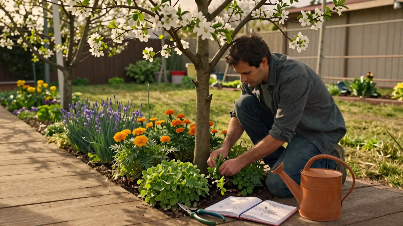 Homme jardinant sous un arbre fleuri avec des fleurs, un arrosoir, un carnet et un sécateur à ses côtés.